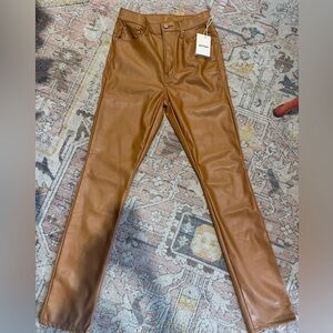 NWT Mother Brown High Waisted Rail Skimp Straight Ankle Faux Leather Pants